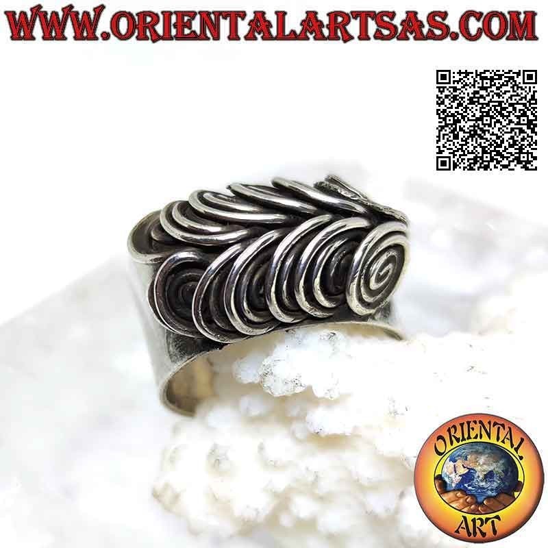 Anillo de plata de banda ancha lisa con ojos de búho en espiral de ilusión tridimensional (ajustable)