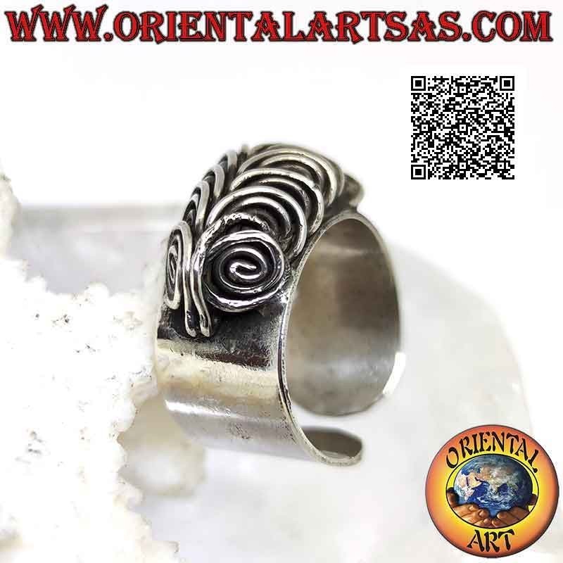 Smooth wide band silver ring with three-dimensional illusion spiral owl eyes (adjustable)