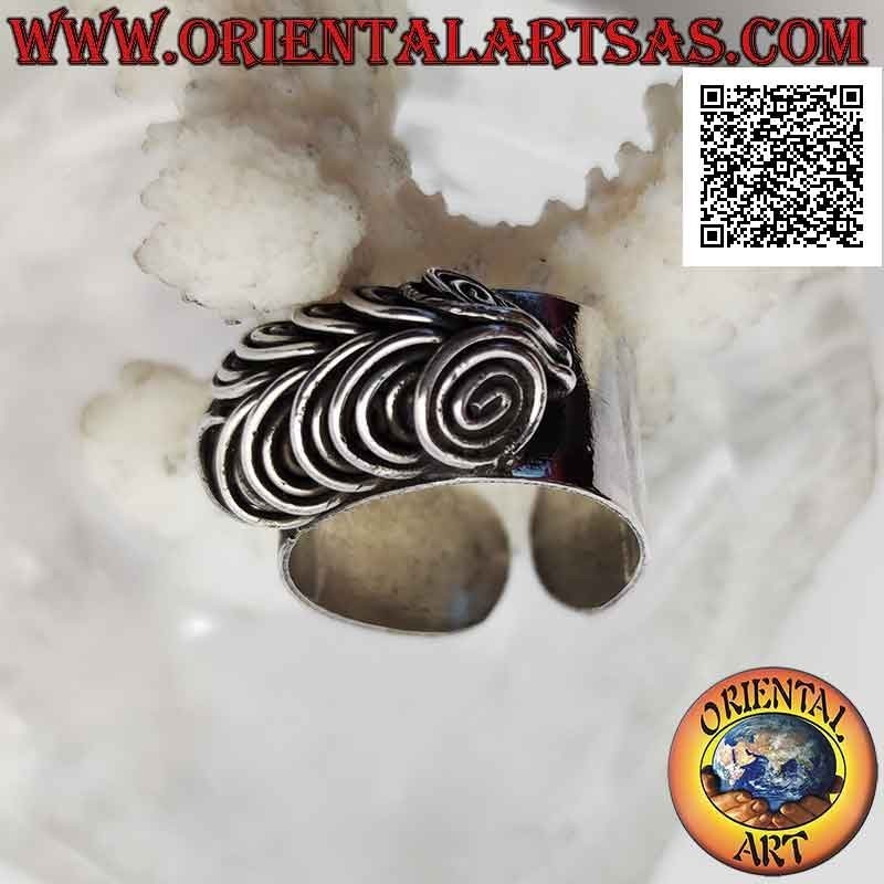 Smooth wide band silver ring with three-dimensional illusion spiral owl eyes (adjustable)
