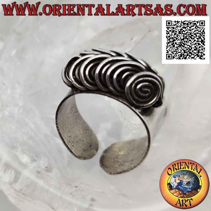 Glatter Breitband-Silberring mit dreidimensionalen Illusionsspiralen-Eulenaugen (verstellbar)