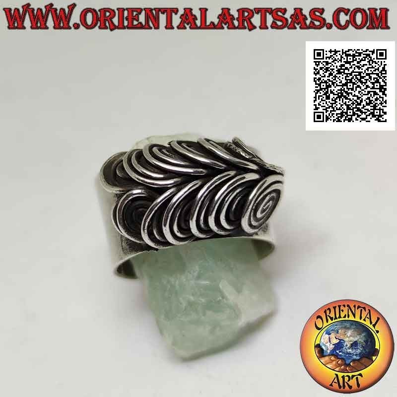 Anello in argento a fascia larga liscia con occhi di gufo a spirali in illusione tridimensionale (regolabile)