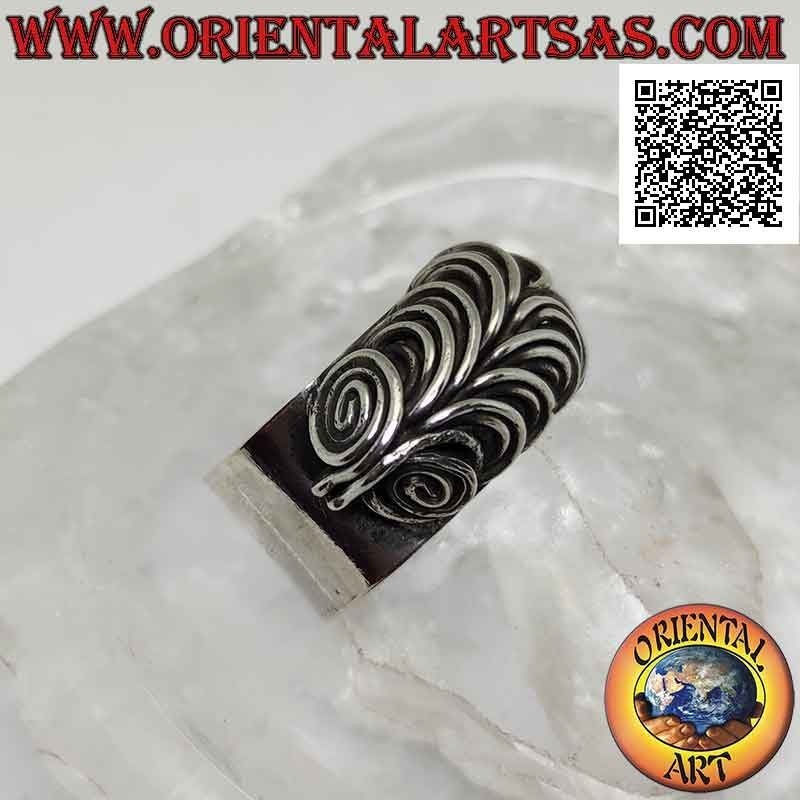 Glatter Breitband-Silberring mit dreidimensionalen Illusionsspiralen-Eulenaugen (verstellbar)