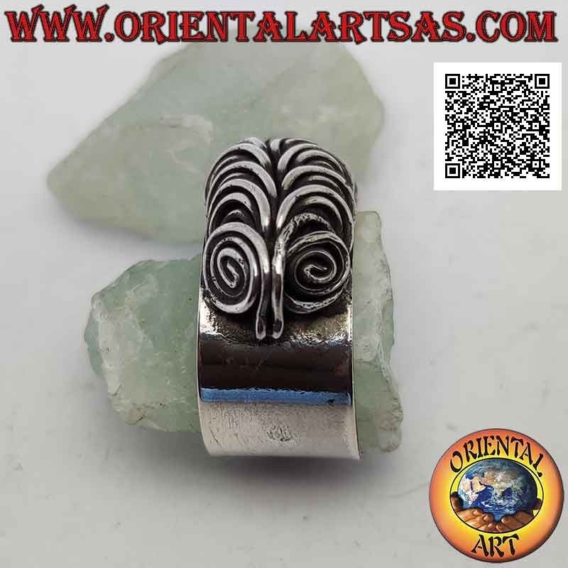 Anello in argento a fascia larga liscia con occhi di gufo a spirali in illusione tridimensionale (regolabile)