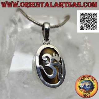 Ciondolo in argento ovale liscio con ॐ om e occhio di tigre sul fondo (grande)