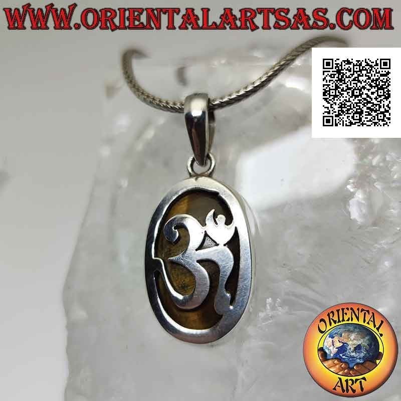 Smooth oval silver pendant with ॐ om and tiger eye on the bottom (large)