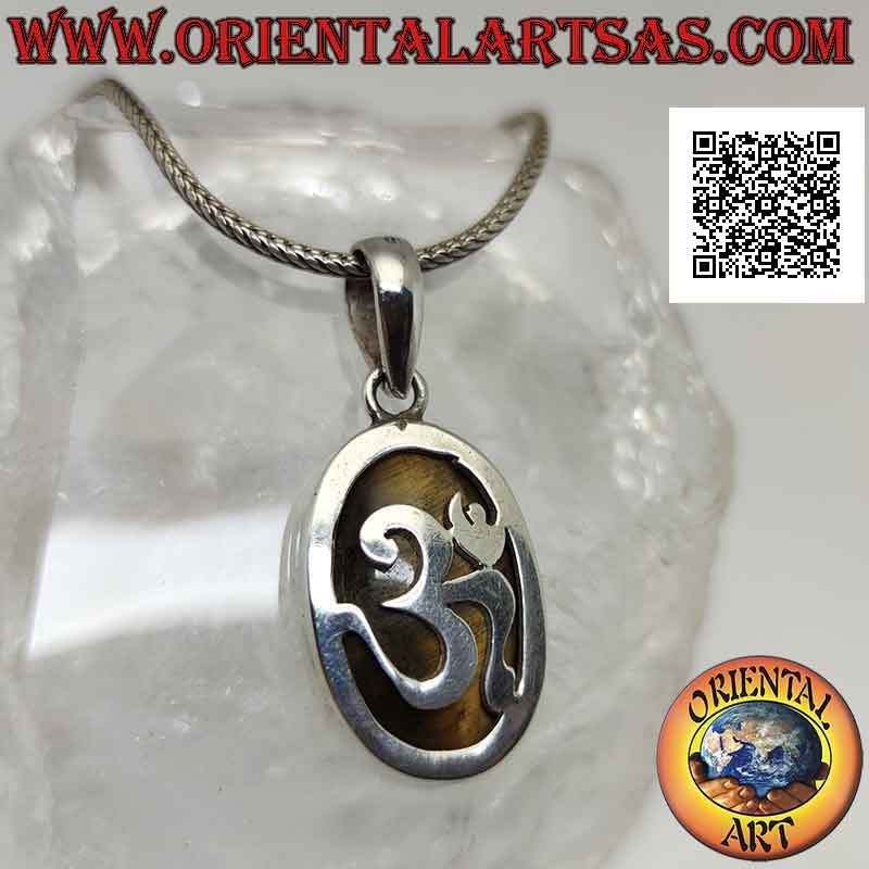 Colgante de plata ovalada lisa con ॐ om y ojo de tigre en la parte inferior (grande)