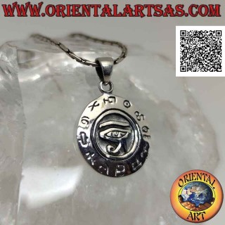 Silberanhänger, runde Medaille mit Auge des Ra / Horus im Flachrelief umgeben von Hieroglyphen (18 mm Ø)