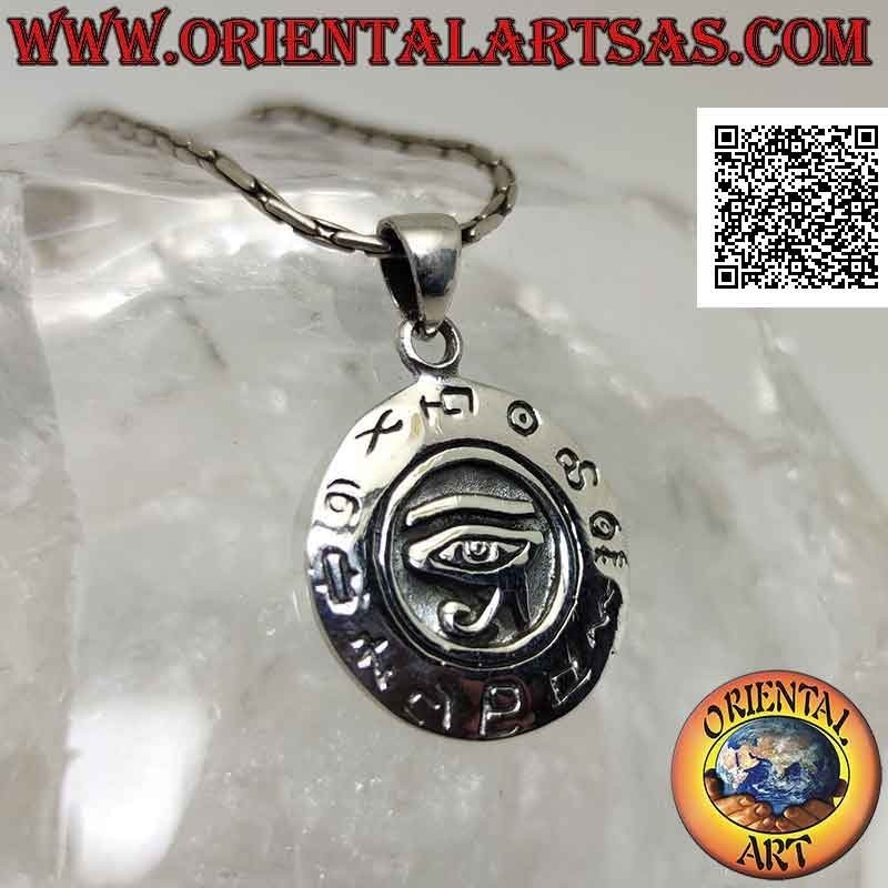 Colgante de plata, medalla redonda con ojo de Ra / Horus en bajorrelieve rodeado de jeroglíficos (18 mm Ø)