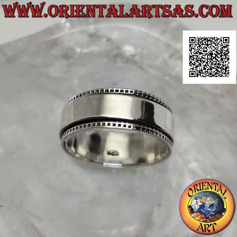 Anello fedina in argento girevole antistress, con fascetta liscia su fascetta puntinata