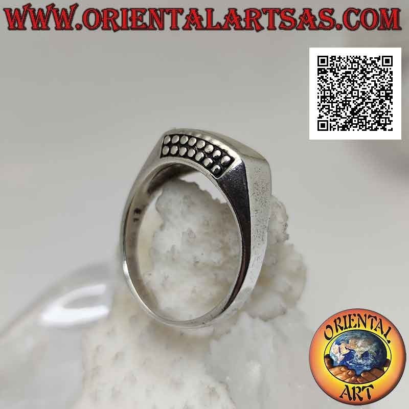 Smooth silver ring with curved horizontal rectangular mother-of-pearl and dots above and below