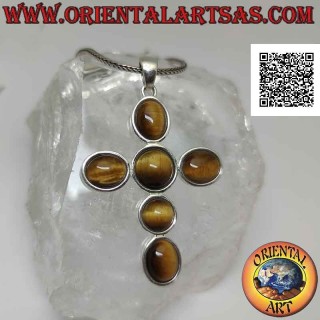 Ciondolo in argento, croce latina di occhi di tigre tondi e ovali cabochon a bordo liscio