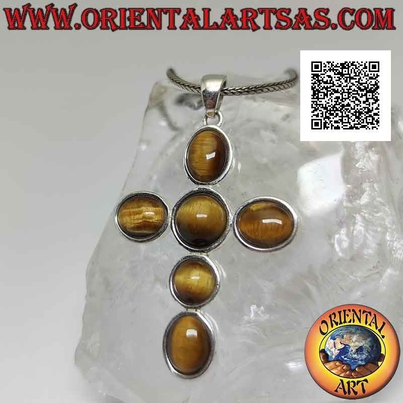 Silberanhänger, lateinisches Tigeraugenkreuz, runder und ovaler Cabochon mit glattem Rand