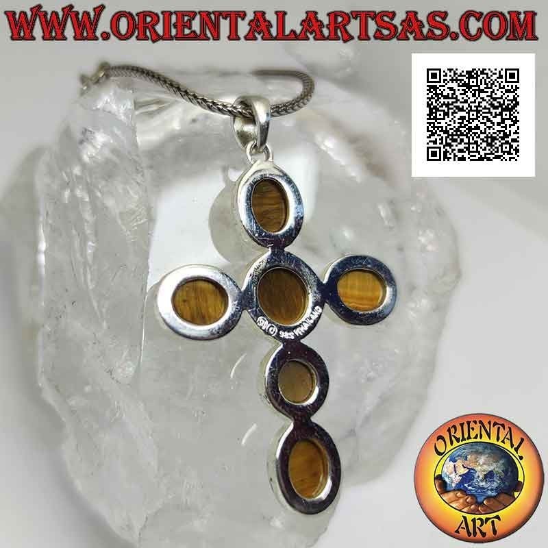 Colgante de plata, cruz latina de ojos de tigre, cabujón redondo y ovalado con borde liso
