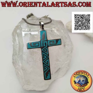 Pendentif en argent, croix latine lisse à décor de fil de pâte turquoise