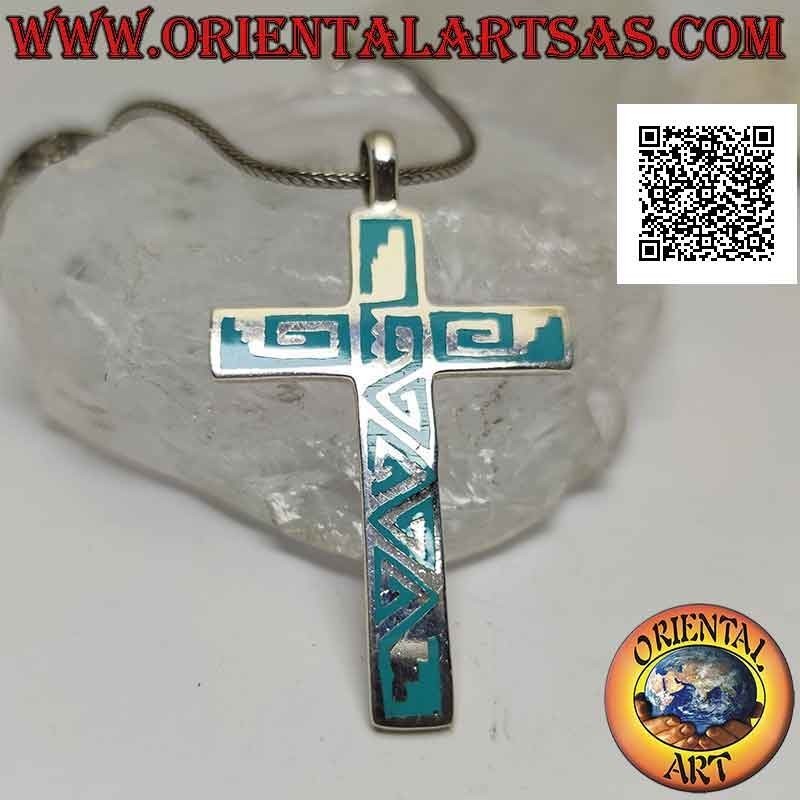 Colgante de plata, cruz latina lisa con decoración de alambre de pasta turquesa