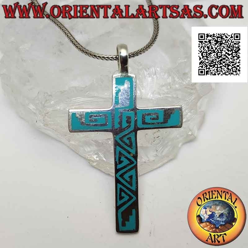 Silver pendant, smooth Latin cross with turquoise paste wire decoration