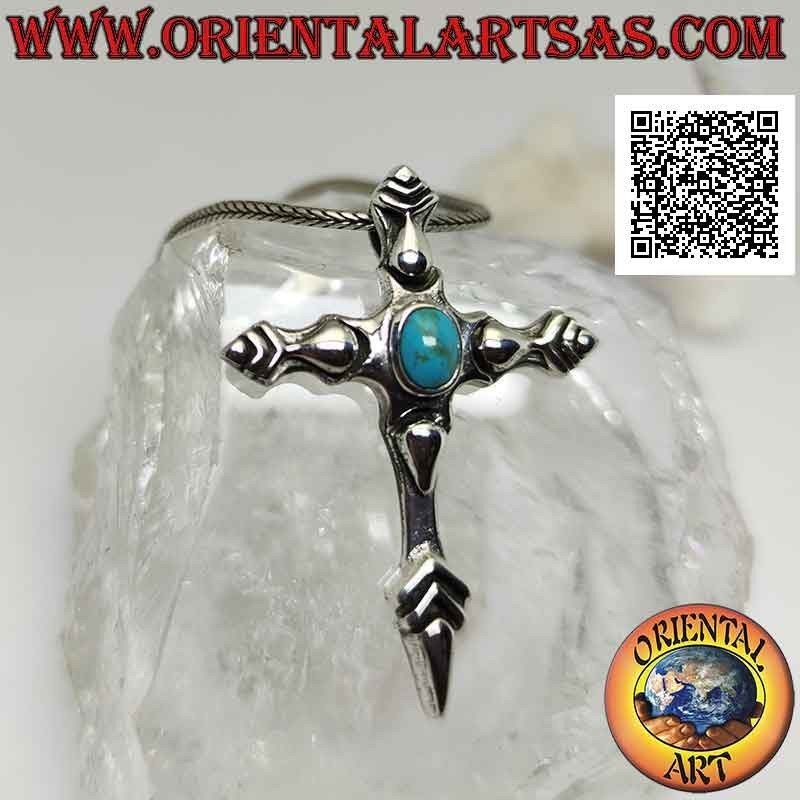 Silver pendant, pointed foot cross with cabochon oval turquoise (Santiago de Compostela style)