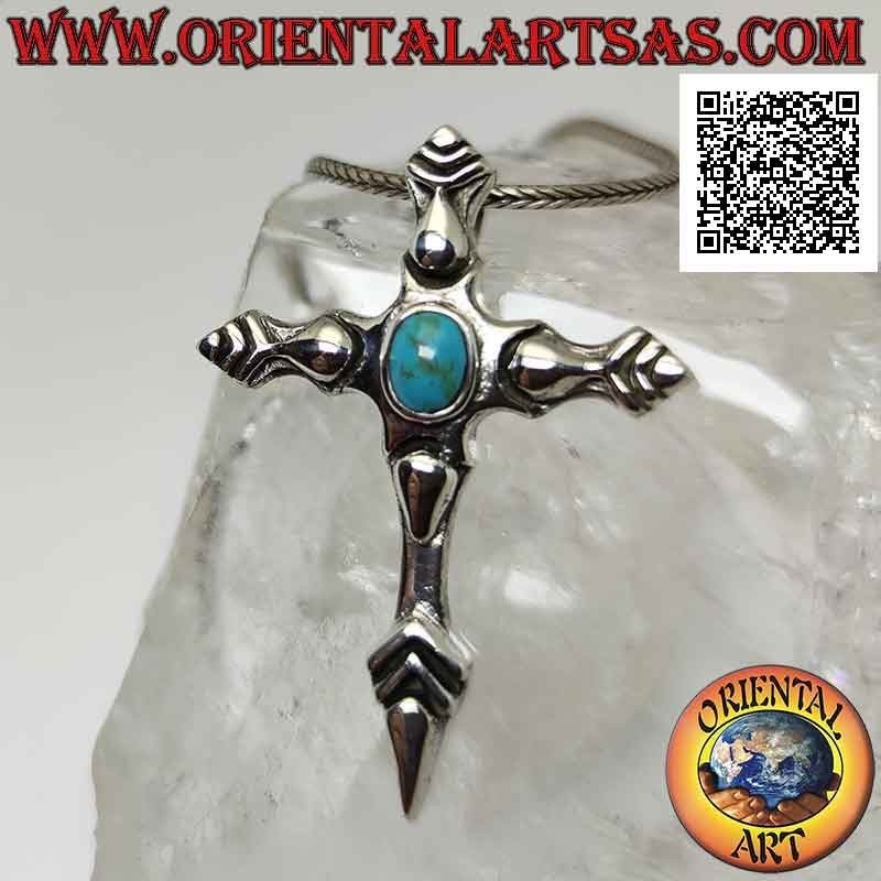 Colgante de plata, pie de cruz puntiagudo con cabujón ovalado turquesa (estilo Santiago de Compostela)