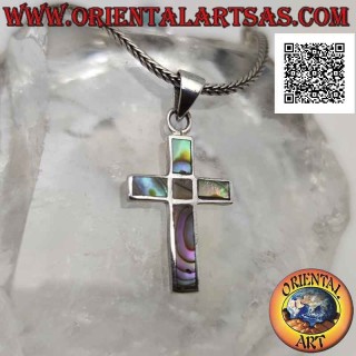 Silver pendant, Latin cross in paua shell (abalone) on silver setting