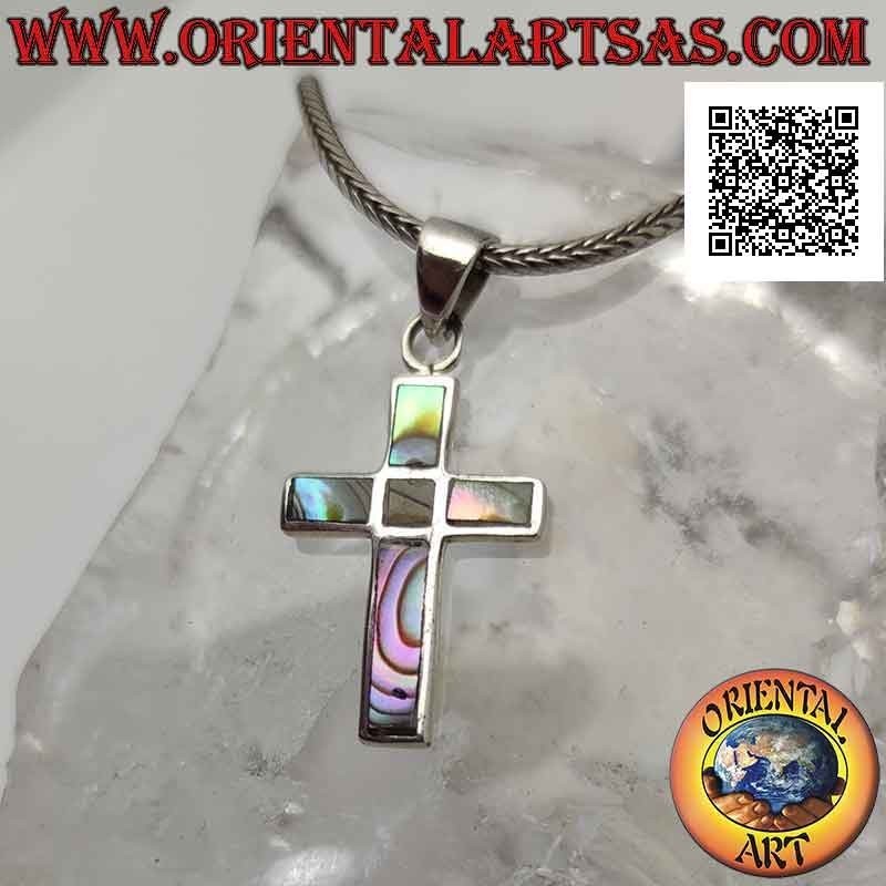 Colgante de plata, cruz latina en concha de paua (abulón) sobre engaste de plata