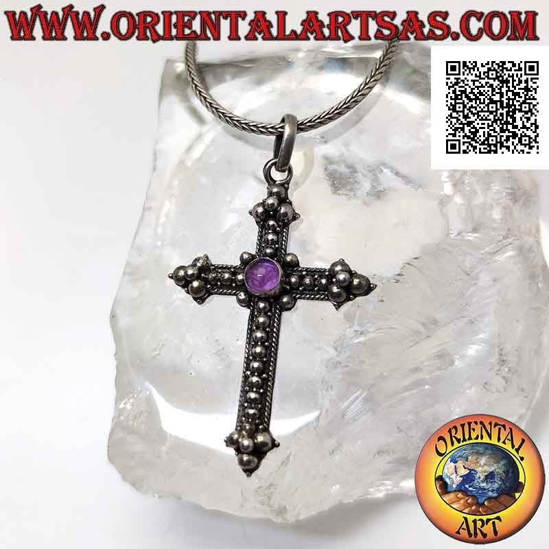 Silver pendant, orthodox cross with central round amethyst and ball decoration