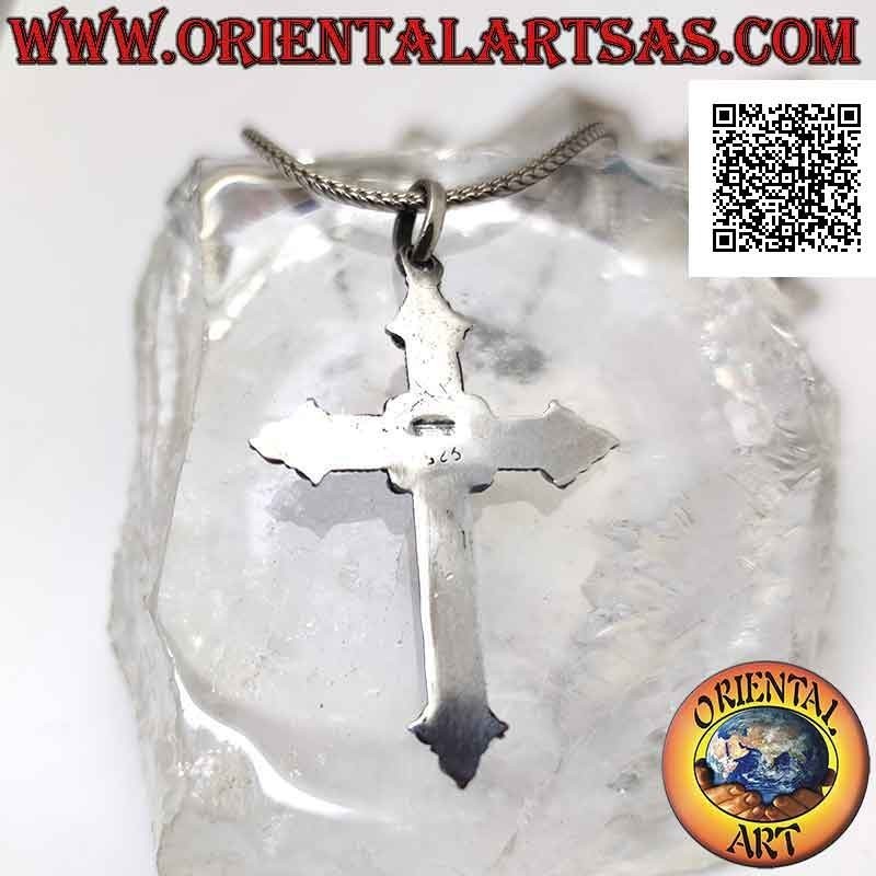 Silberanhänger, orthodoxes Kreuz mit zentralem rundem Amethyst und Kugeldekor
