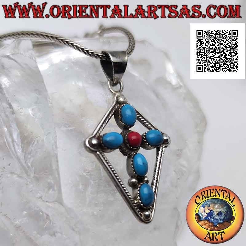 Silver pendant, Latin cross of turquoise and coral (paste) inscribed in a kite-like rhombus