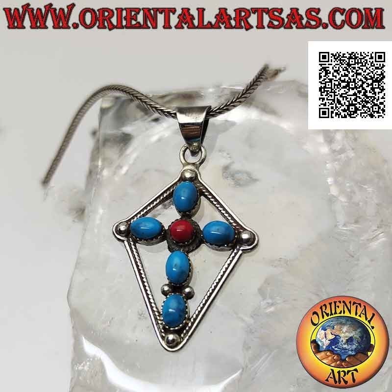 Pendentif en argent, croix latine de turquoise et corail (pâte) inscrite dans un losange en forme de cerf-volant