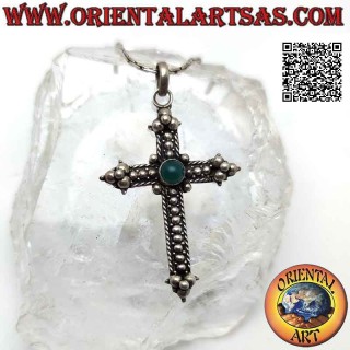 Silver pendant, orthodox cross with central round green agate and ball decoration