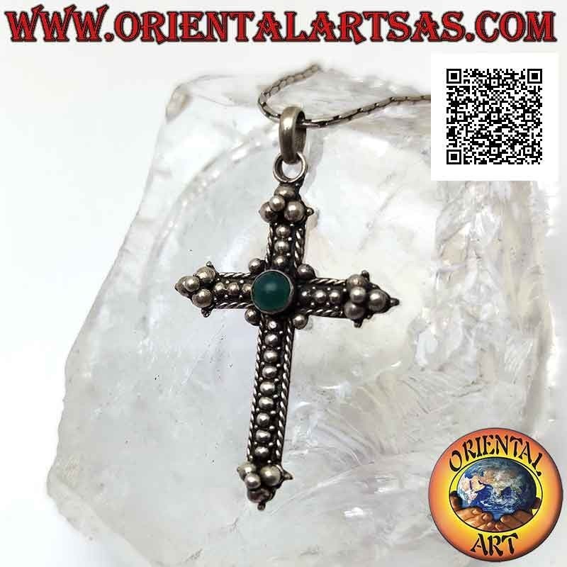 Silver pendant, orthodox cross with central round green agate and ball decoration