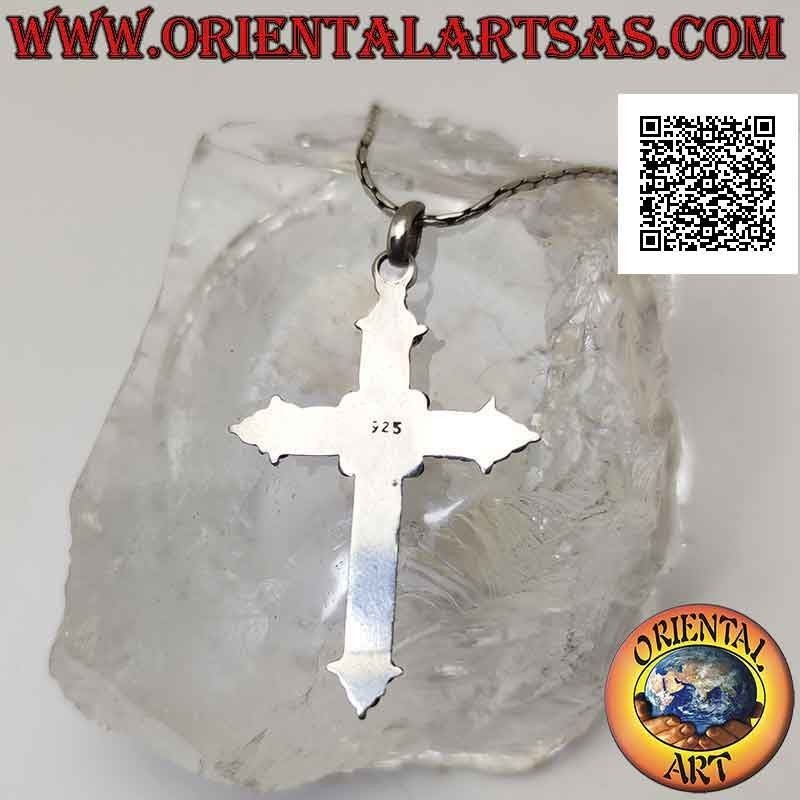 Pendentif en argent, croix orthodoxe avec agate verte ronde centrale et décoration boule