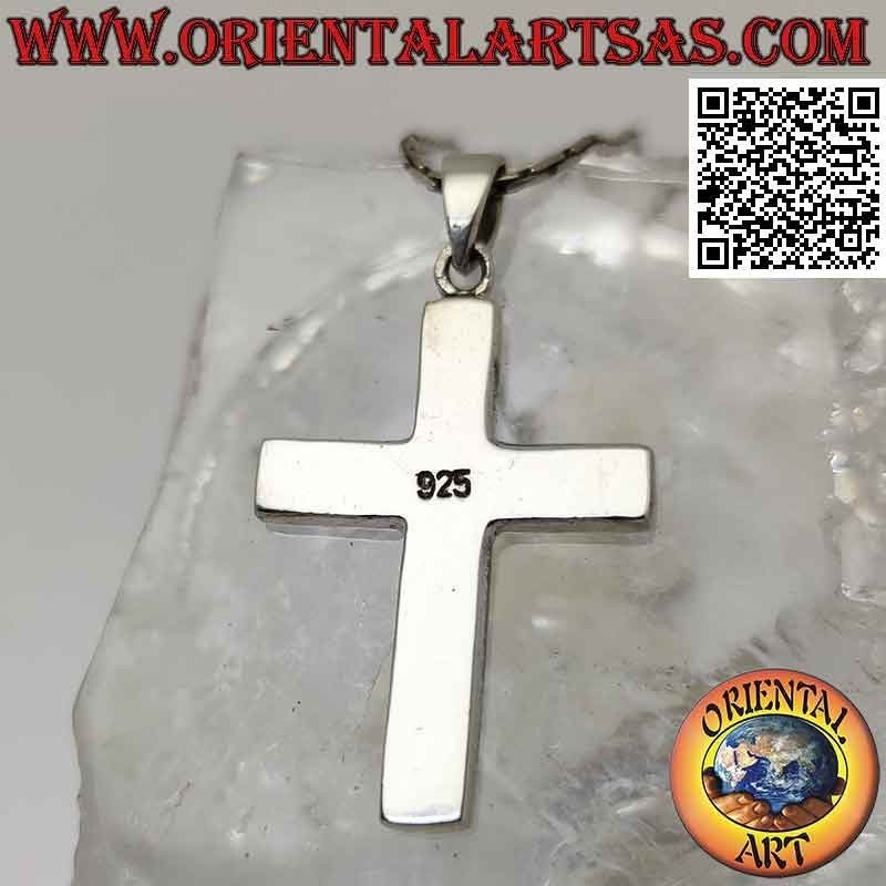 Silver pendant, green agate Latin cross with smooth edge