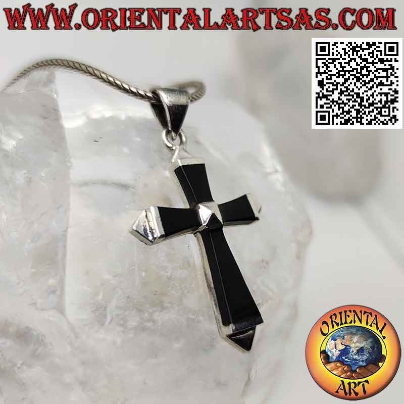 Pendentif en argent, croix réticulée en onyx sur monture en argent