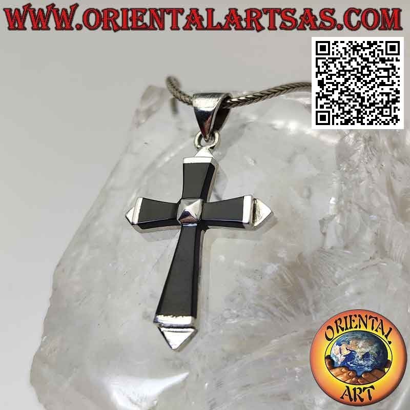 Silver pendant, onyx reticulated cross on silver setting