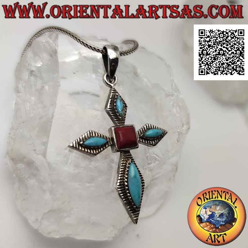 Pendentif en argent, croix en argent avec navette turquoise et corail carré central