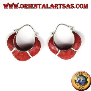 silver earrings, semi-circle crescent with coral madrepora