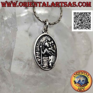 Ciondolo in argento, medaglia sacra ovale con San Cristoforo con bastone e bimbo (scritta "pray for us" dietro)