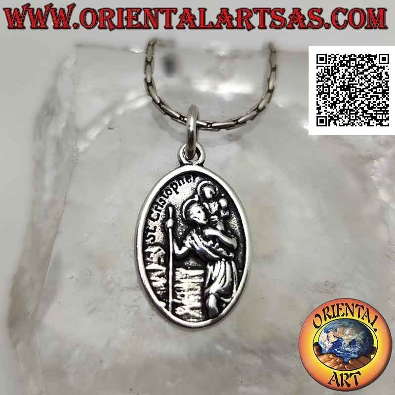 Silver pendant, sacred oval medal with St. Christopher with child (written "pray for us" behind)