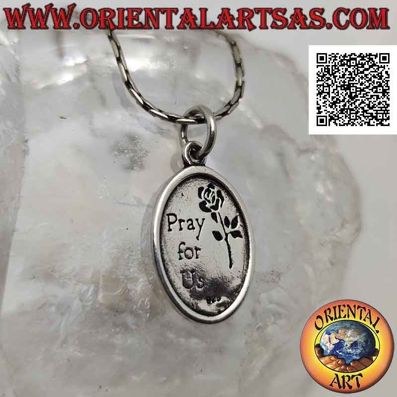 Ciondolo in argento, medaglia sacra ovale con San Cristoforo con bastone e bimbo (scritta "pray for us" dietro)