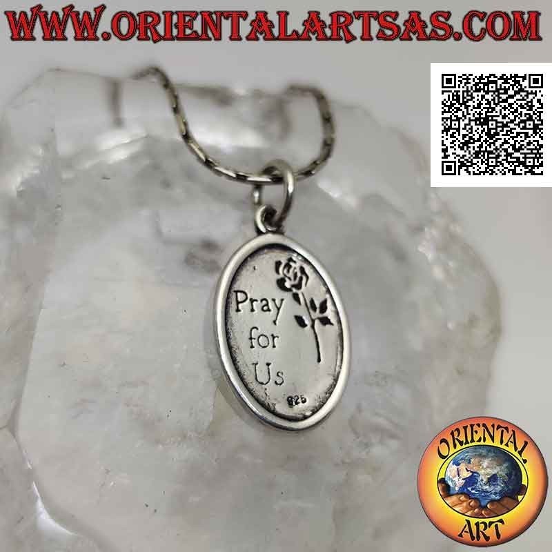 Colgante de plata, medalla ovalada sagrada con San Cristóbal con niño (escrito "ruega por nosotros" detrás)