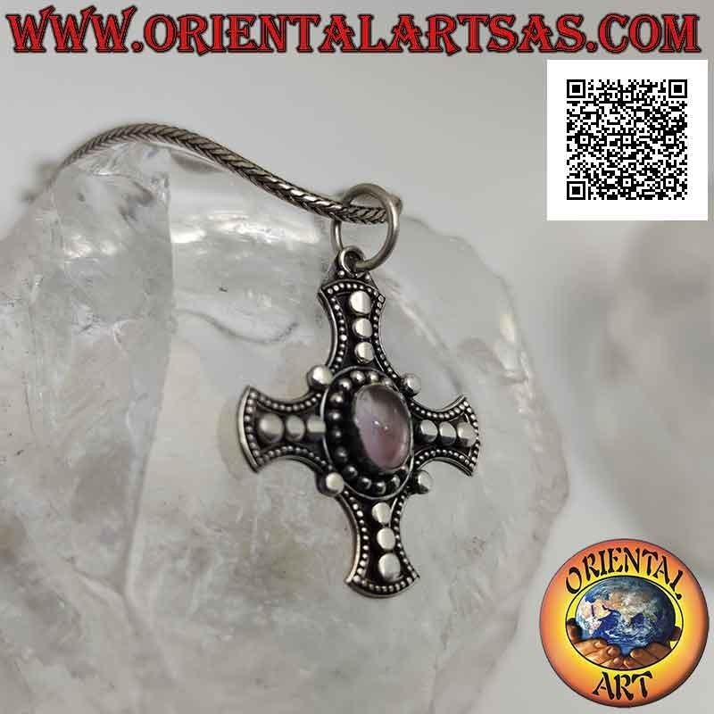 Silver pendant, Celtic cross with natural oval rose quartz and discs on the arms