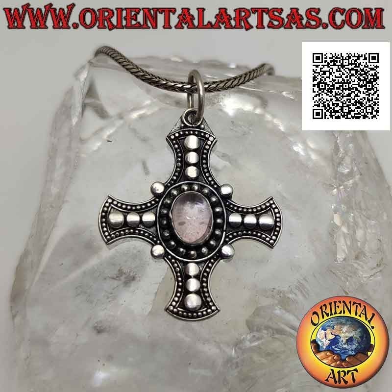 Pendentif en argent, croix celtique avec quartz rose ovale naturel et disques sur les bras