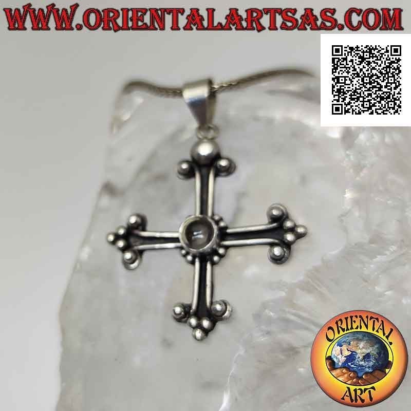 Pendentif en argent, croix de San Lorenzo avec cristal de roche rond central