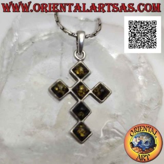 Pendentif en argent, croix latine formée de 6 losanges d'ambre équilatéraux affleurant le bord