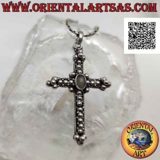 Silver pendant, orthodox cross with central oval moonstone and ball decoration