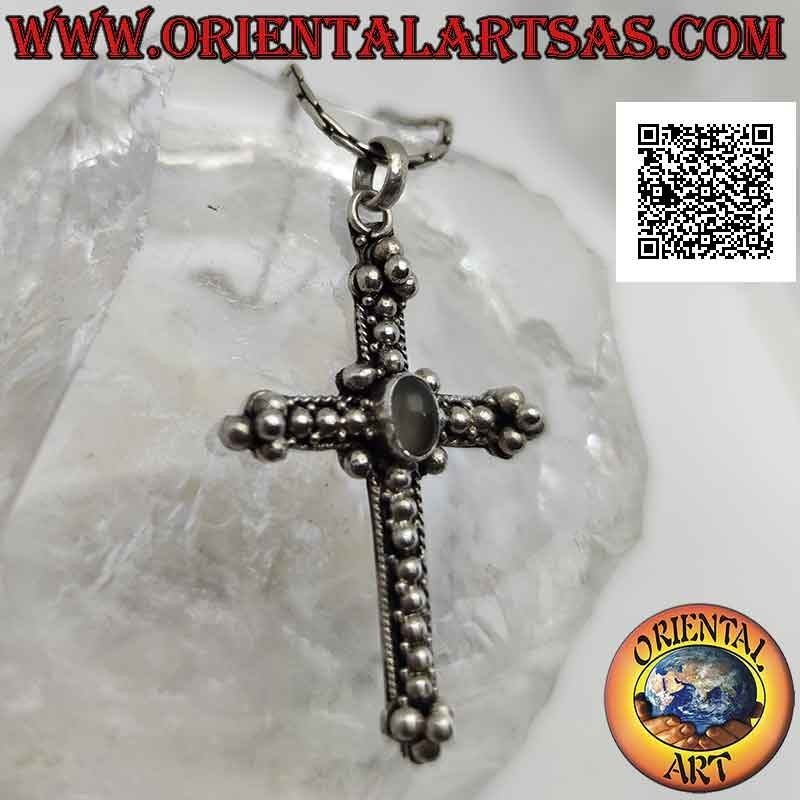 Pendentif en argent, croix orthodoxe avec pierre de lune ovale centrale et décoration boule