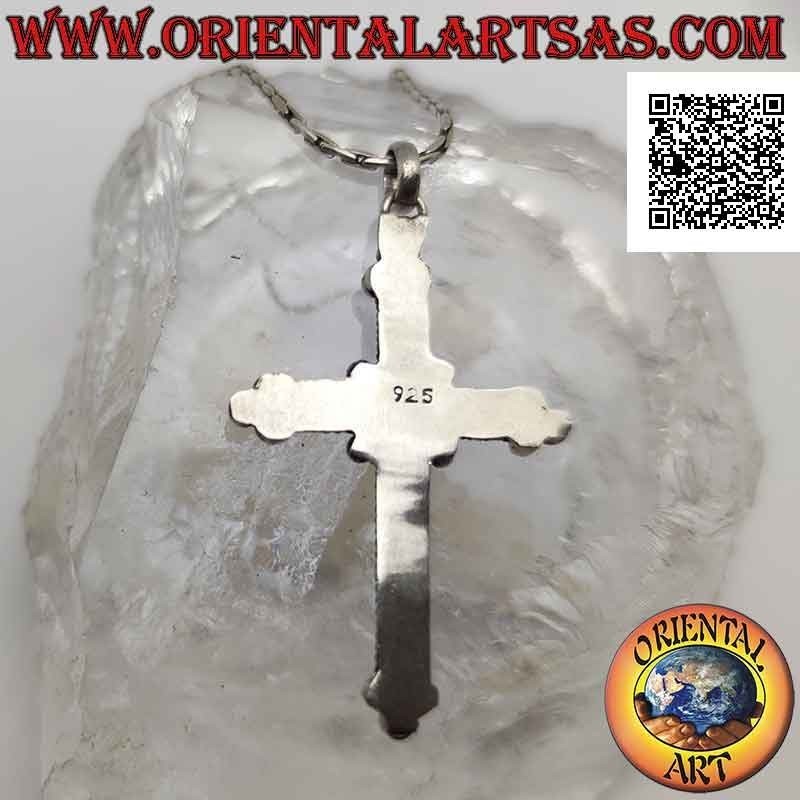 Colgante de plata, cruz ortodoxa con piedra de luna ovalada central y decoración de bolas