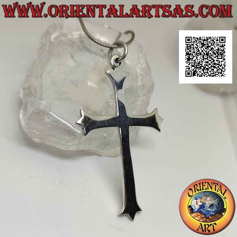 Pendentif en argent, grande croix latine lisse à trois pointes (croix de lys) 78*50