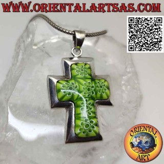 Silver pendant, cross with murrina (green) and smooth edge