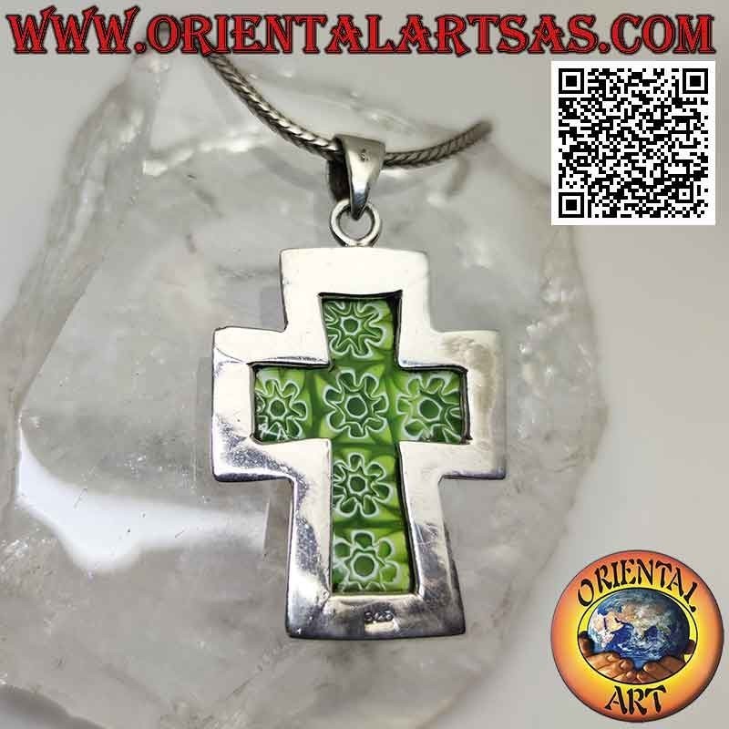 Pendentif en argent, croix avec murrina (vert) et bord lisse